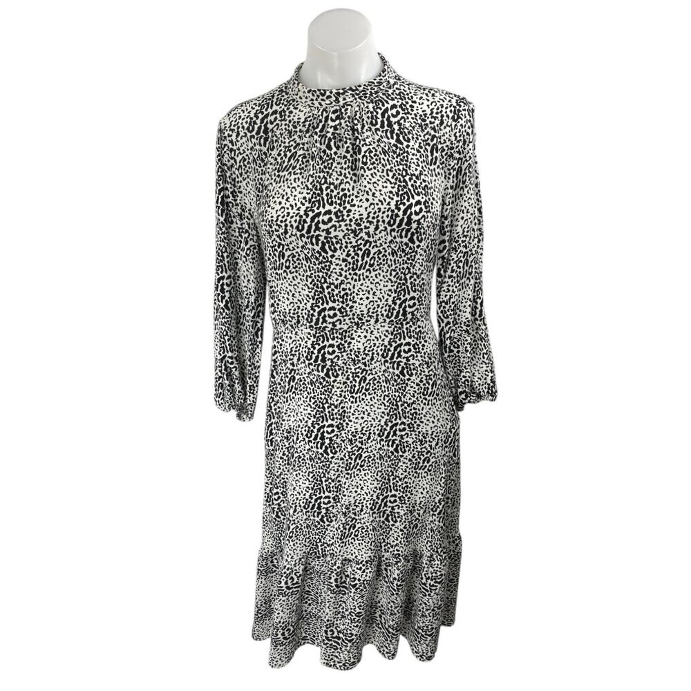 Zara Black White Leopard Animal Print Long Sleeve Mock Neck Midi Dress Size S